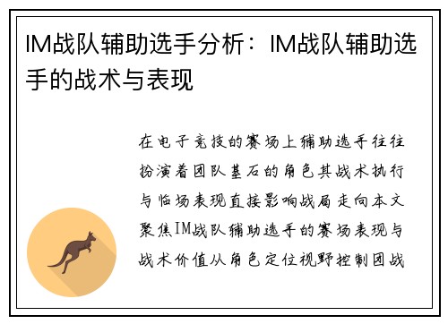 IM战队辅助选手分析：IM战队辅助选手的战术与表现